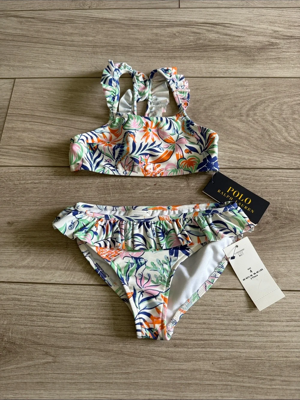 Polo by Ralph Lauren Girls' Tropical-Print Two-Piece Swimsuit Ruffle size 4 New